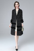 Black Tweed Faux Fur Trim Double Breasted Midi Coat – Luxury Winter Overcoat SP10034