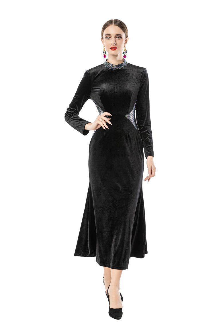 Black Velvet Midi Dress with Rhinestone Neckline & Reflective Waist Accents - Timeless Elegance Meets Modern Glamour SP10101