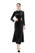Black Velvet Midi Dress with Rhinestone Neckline & Reflective Waist Accents - Timeless Elegance Meets Modern Glamour SP10101