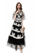 Black & White 3D Floral Embroidered Tiered Tulle Maxi Dress SP10028