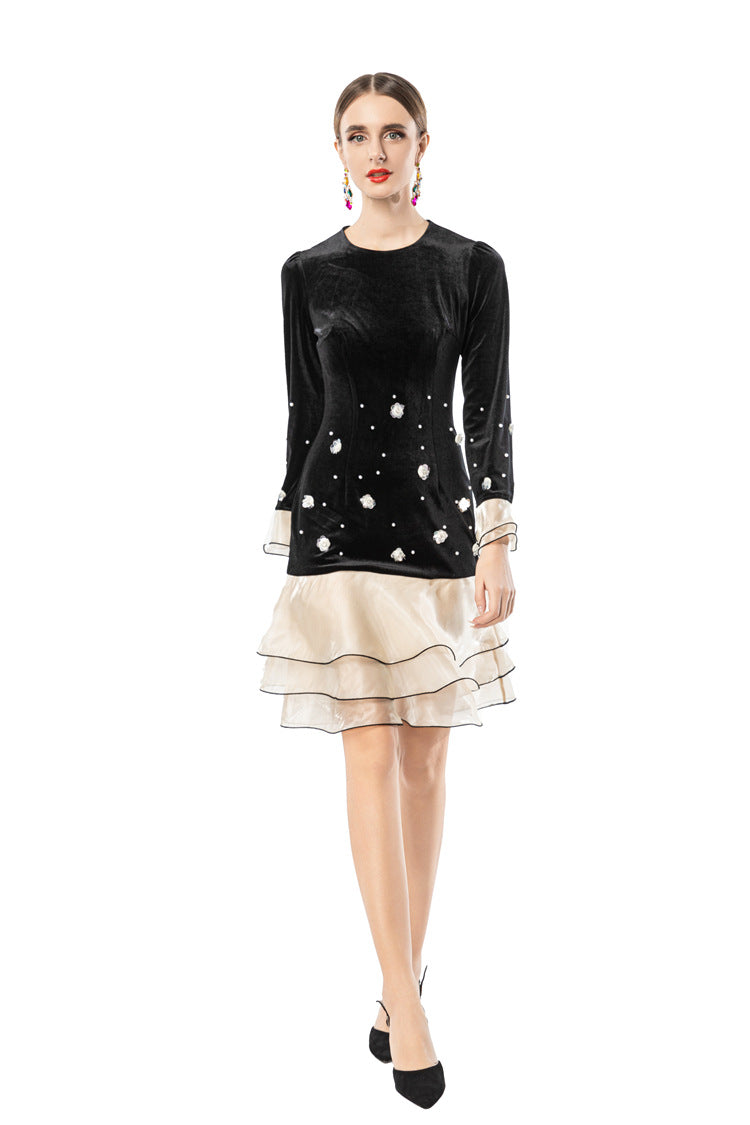Women's French Style Velvet Dress, Round Neck Pearl & Flower Embellished Top with Satin Layered Ruffle Hem, Long Sleeve Cocktail Party Dress SP10102