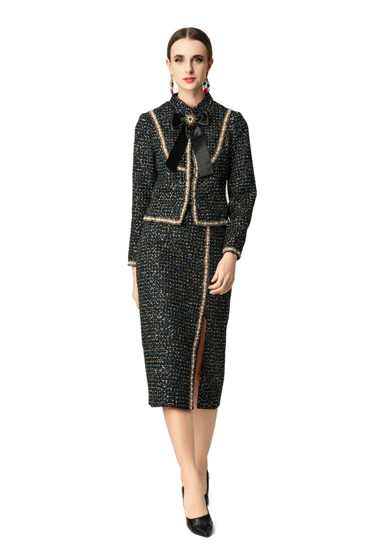 Tweed Bow Tie Jacket & Slit Pencil Skirt Two-Piece Set SP10044