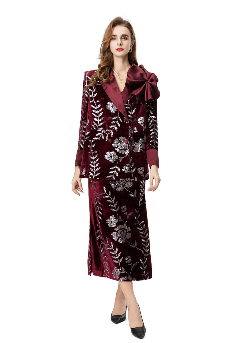 Burgundy Velvet Sequin Floral Blazer & Pencil Skirt Set SP10020