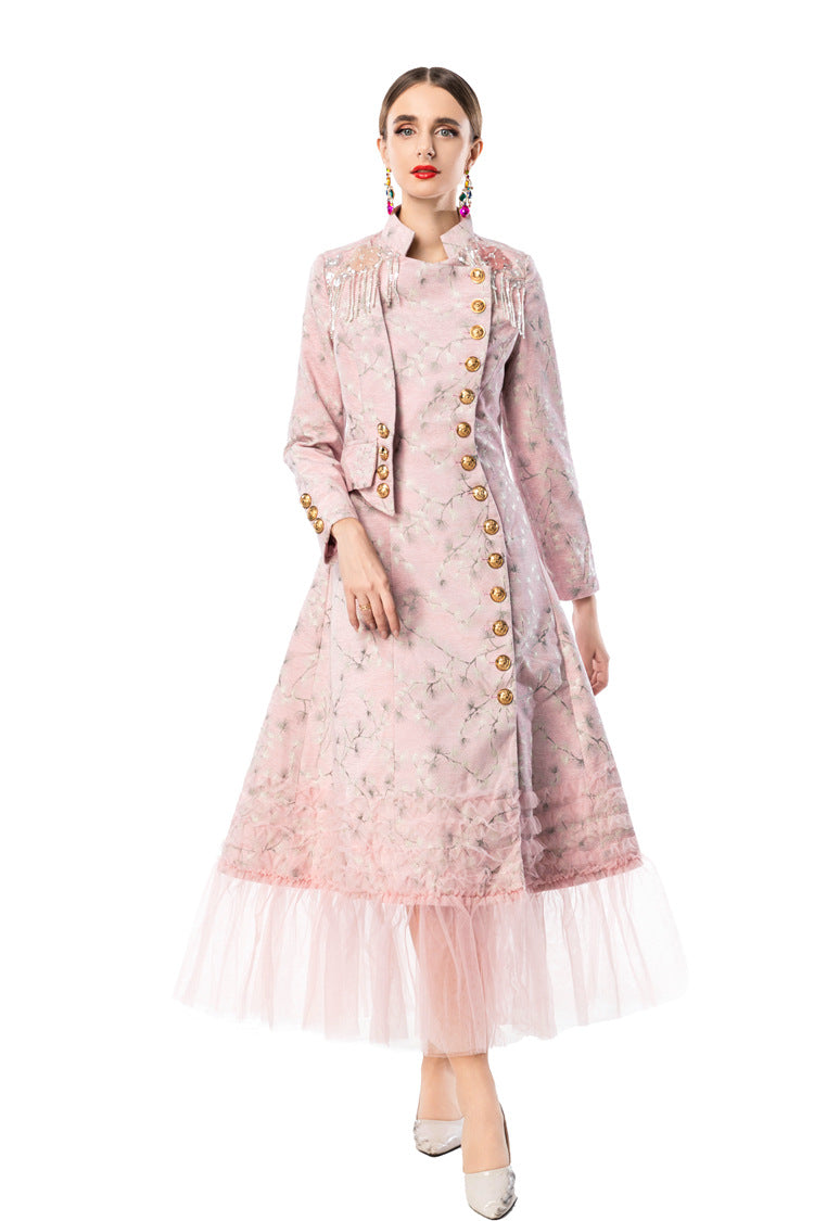 Pink Jacquard Qipao Style Dress with Fringe Shoulder Details & Tulle Hem SP10111