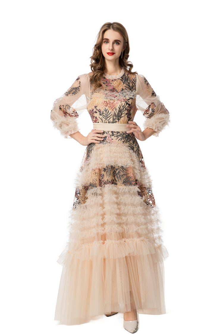 Nude Floral Embroidered Tiered Tulle Maxi Dress SP10008