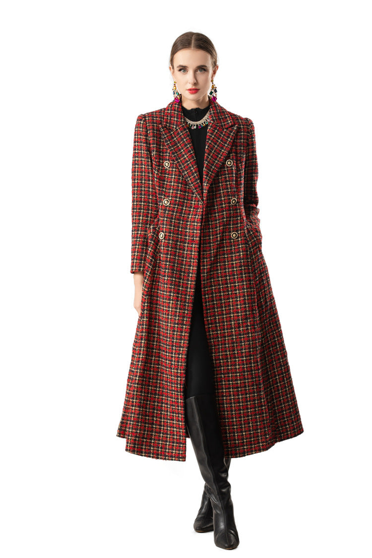 Red Plaid Tweed Double-Breasted Maxi Coat Dress SP10079