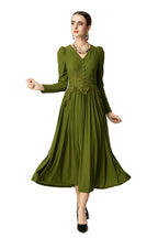 V-Neck Puff Sleeve Waist Embroidery Flared Midi Dress SP10059
