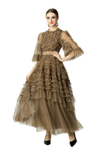 Taupe Geometric Sequin Tiered Tulle Maxi Dress SP10040