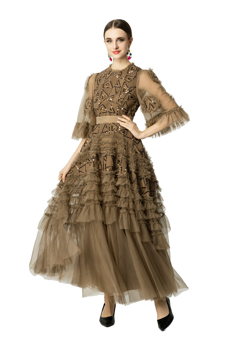Taupe Geometric Sequin Tiered Tulle Maxi Dress SP10040