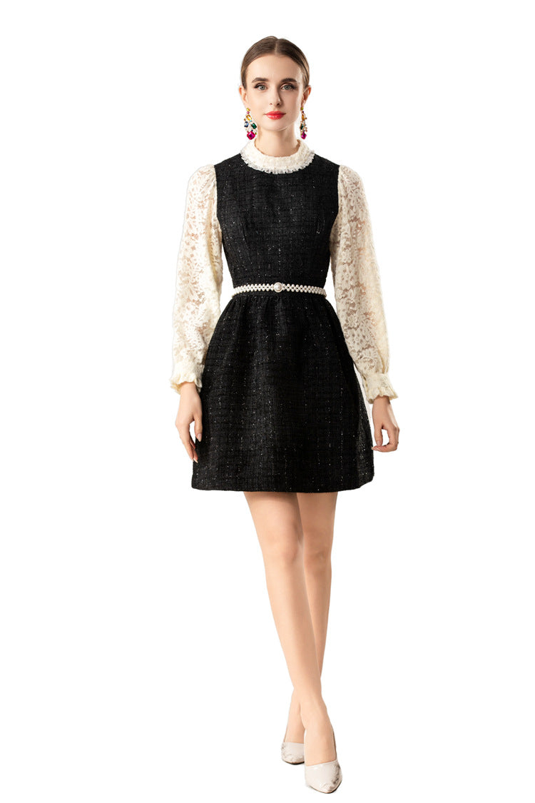 Lace Sleeve Tweed Mini Dress with Pearl Belt SP10088