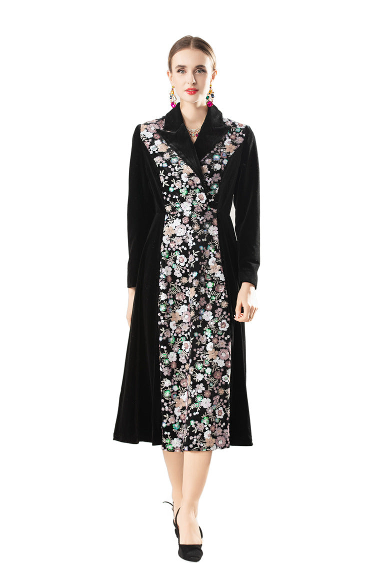 Velvet Floral Embroidered Notched Collar Midi Dress SP10069