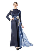 Navy Blue Satin High Neck Evening Gown with Beaded Floral Tassels SP10104
