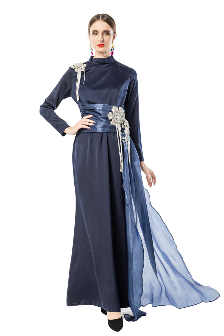 Navy Blue Satin High Neck Evening Gown with Beaded Floral Tassels SP10104