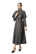 High Collar Cape Overlay Gold Button Front Slit Maxi Dress SP10060
