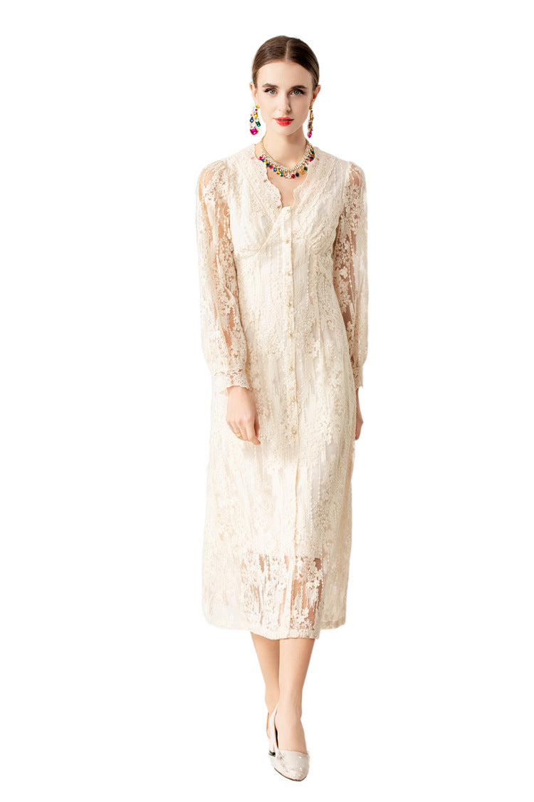 Scalloped V-Neck Lace Embroidered Midi Dress with Lining SP10071