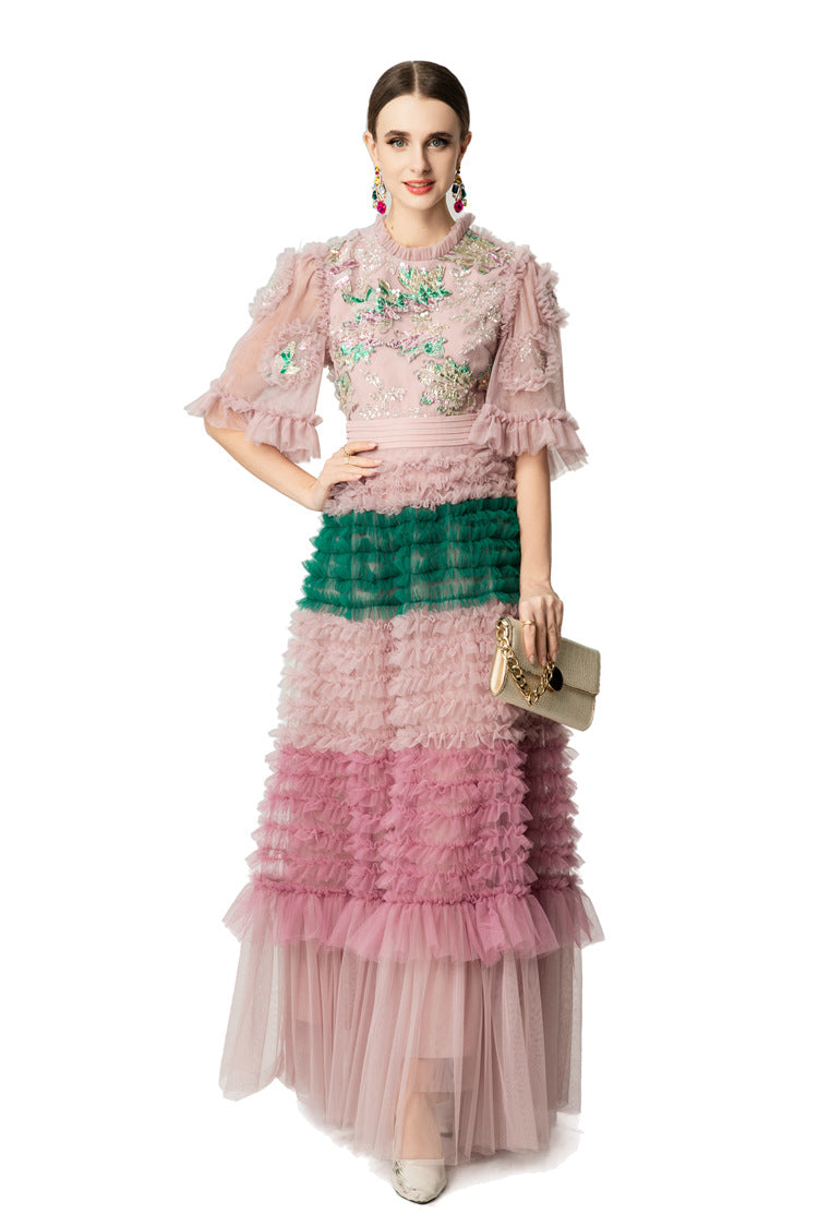 Pink Green Floral Embroidery Tiered Tulle Maxi Dress SP10049