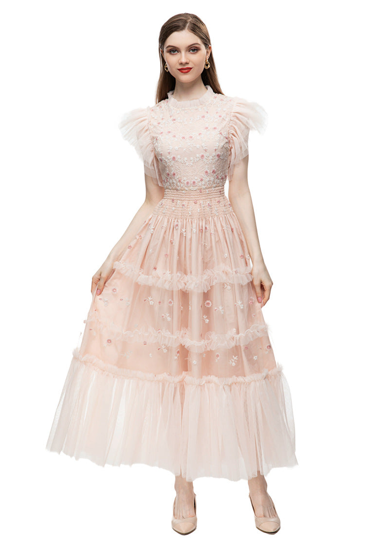 Pink Floral Embroidered Tulle Ruffled Sleeve Midi Dress – French Luxury SP10004