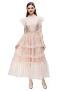 Pink Floral Embroidered Tulle Ruffled Sleeve Midi Dress – French Luxury SP10004
