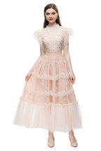 Pink Floral Embroidered Tulle Ruffled Sleeve Midi Dress – French Luxury SP10004