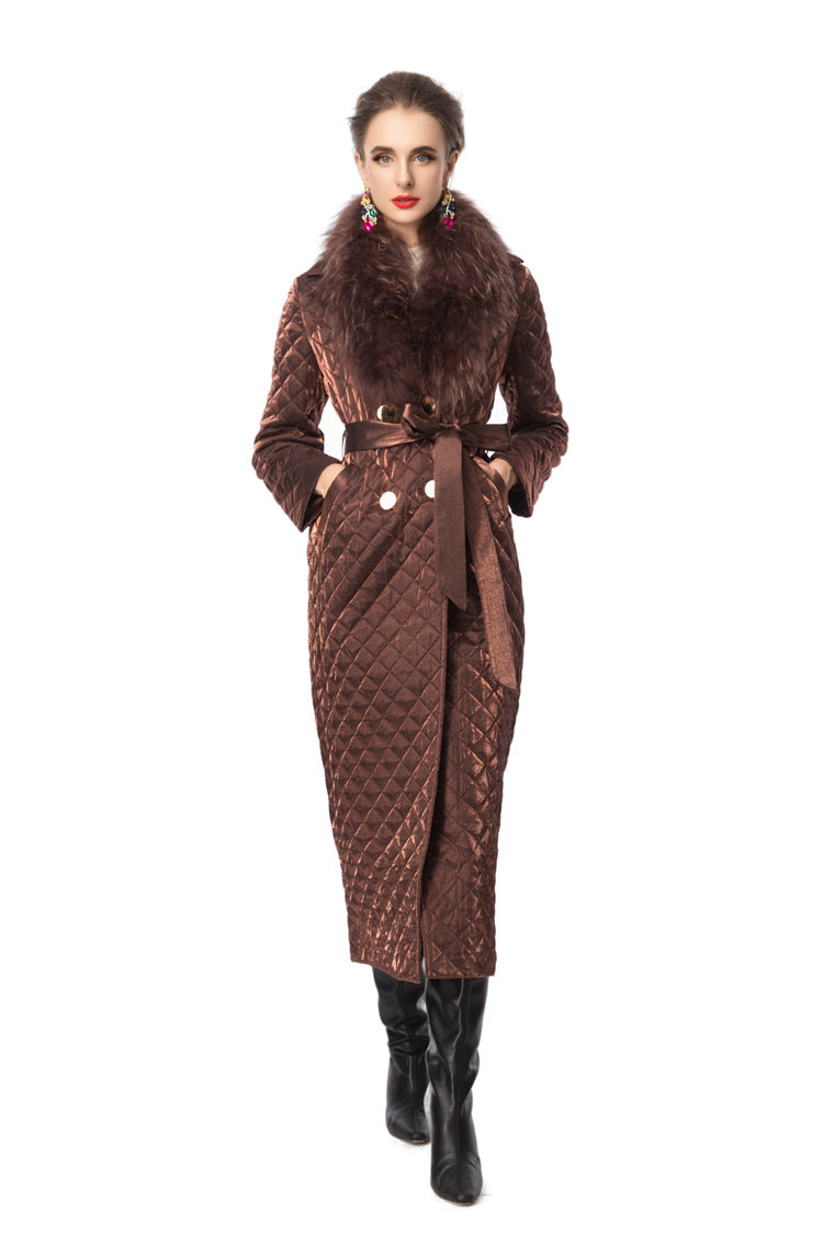 Detachable Fur Collar Quilted Velvet Maxi Coat SP10100