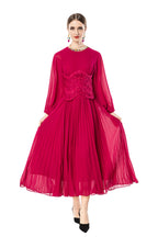 Sheer Puff Sleeve Embroidered Waist Pleated Midi Dress SP10094
