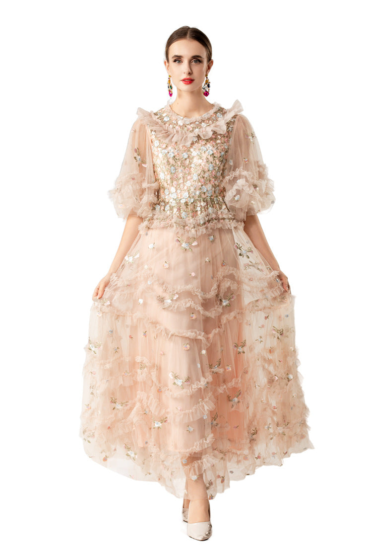 Ruffled Neck 3D Floral Tiered Tulle Maxi Dress SP10077
