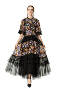 Colorful Floral Embroidered Ruffled Tulle Midi Dress SP10038