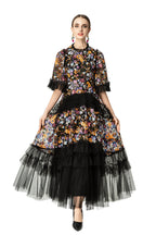 Colorful Floral Embroidered Ruffled Tulle Midi Dress SP10038
