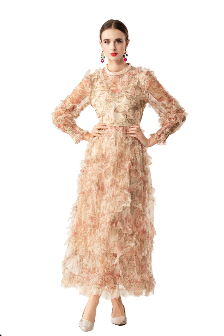 Pearl Trim Floral Embroidered Tiered Tulle Maxi Dress SP10085