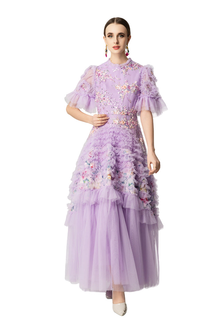 Lavender Floral Embroidery Sequin Tiered Tulle Maxi Dress SP10046