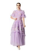 Lavender Floral Embroidery Sequin Tiered Tulle Maxi Dress SP10046