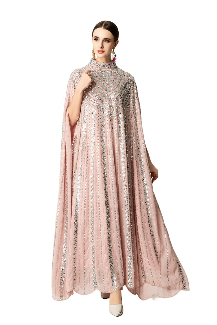 Hand-Beaded Sequin Cape Kaftan Maxi Dress SP10058