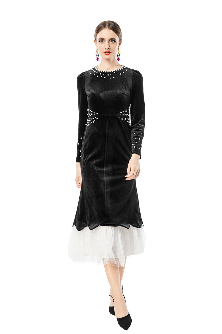 Black Velvet Mermaid Dress with Pearl Embellishments & Tulle Hem SP10114