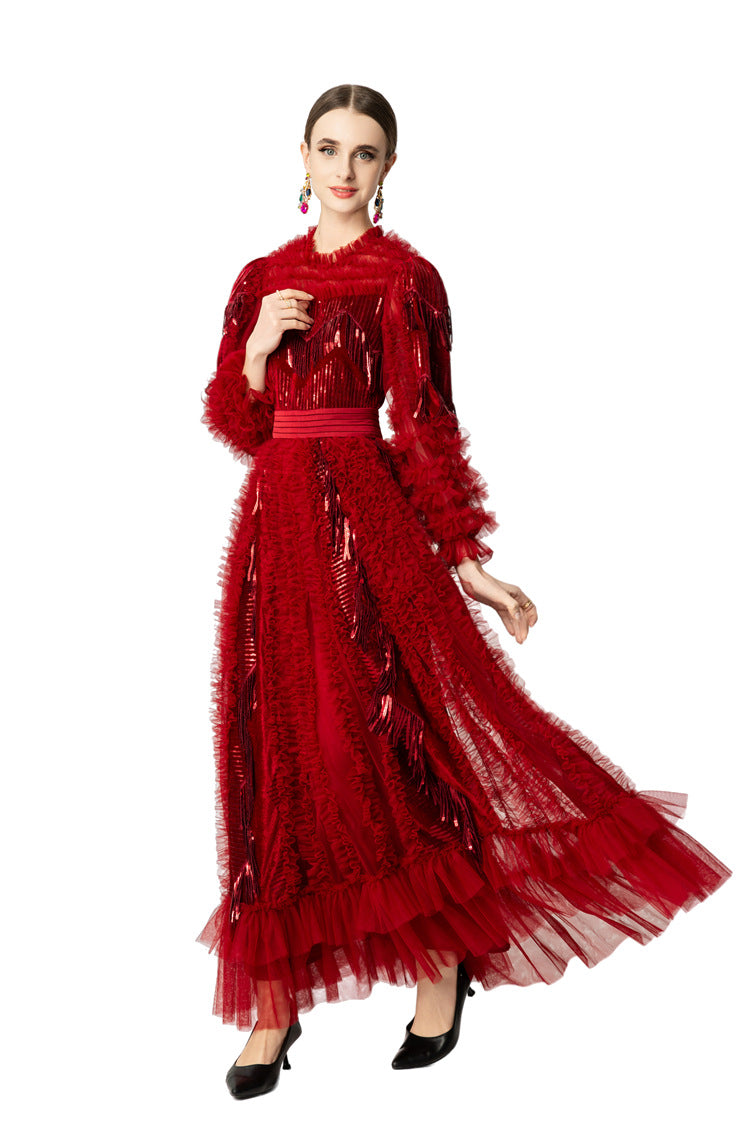 Red Fringe Sequin Tiered Tulle Maxi Dress SP10054