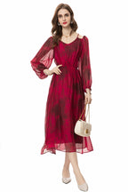 Silk Asymmetrical V-Neck Cinched Waist Midi Dress – French Luxury SP10029