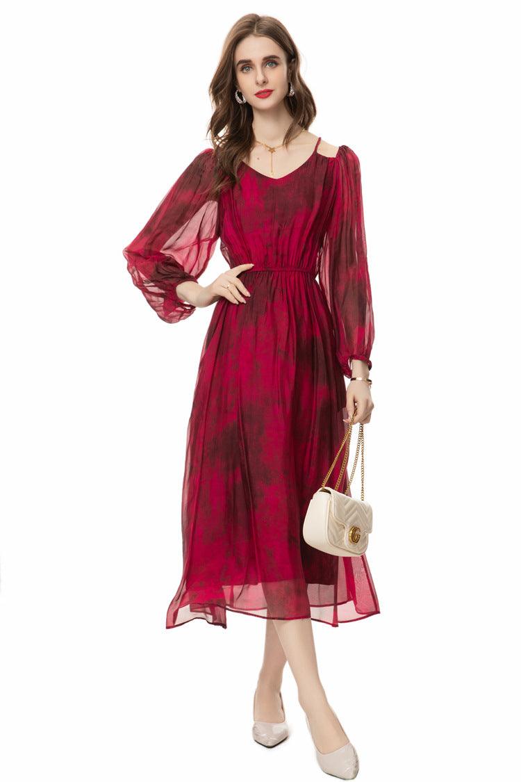 Silk Asymmetrical V-Neck Cinched Waist Midi Dress – French Luxury SP10029