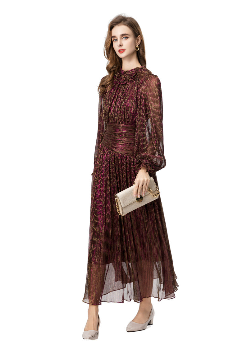 Burgundy Metallic Thread Ruched Waist Maxi Dress with Beaded Neckline