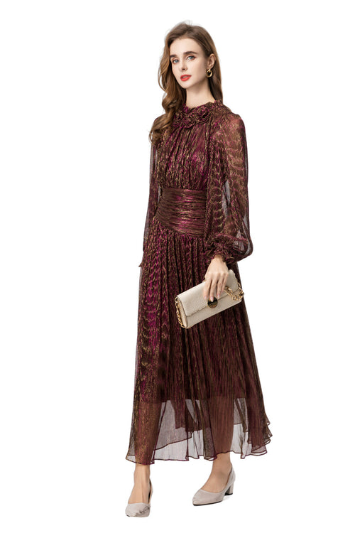 Burgundy Metallic Thread Ruched Waist Maxi Dress with Beaded Neckline