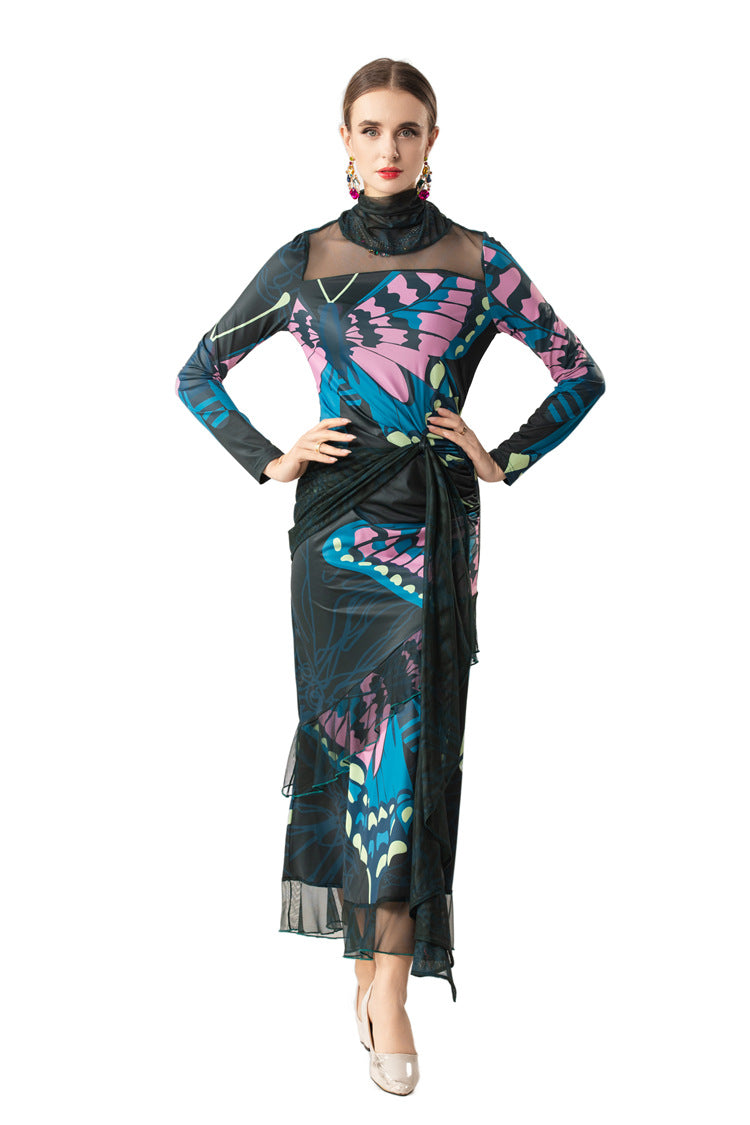 High Neck Butterfly Print Layered Tulle Midi Dress SP10080
