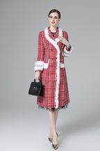 Plaid Tweed Faux Fur Trim Double Breasted Midi Coat SP10033