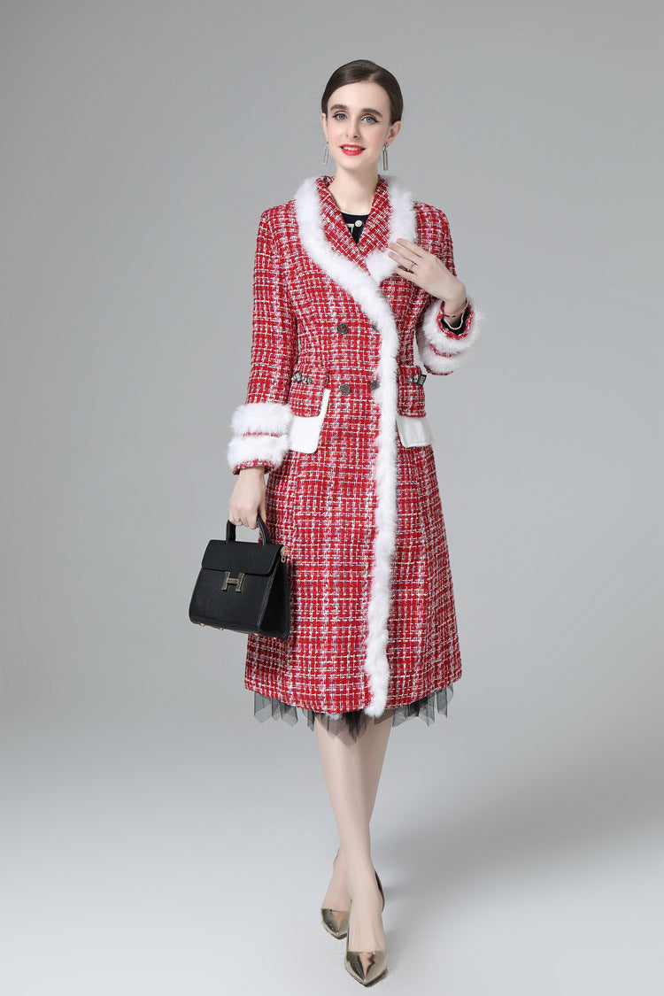 Plaid Tweed Faux Fur Trim Double Breasted Midi Coat SP10033
