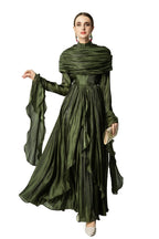 Olive Green Satin Draped Shawl Maxi Dress SP10053