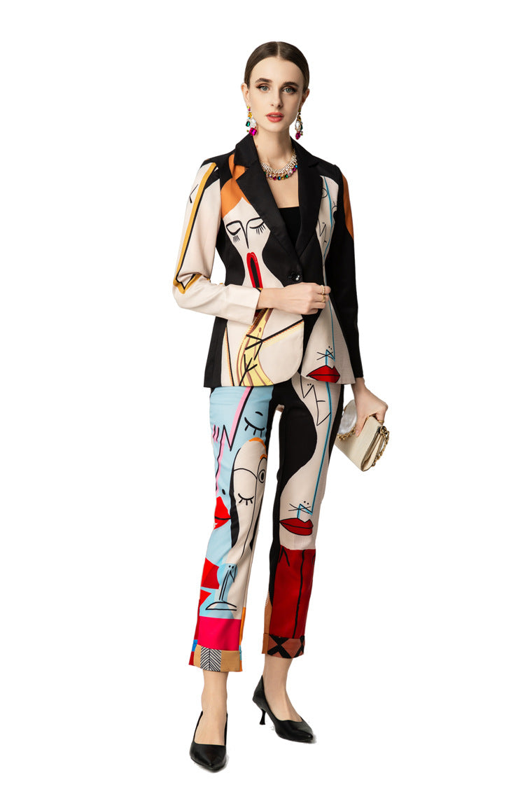 Abstract Face Print Blazer & Cropped Pants Two-Piece Set SP10052
