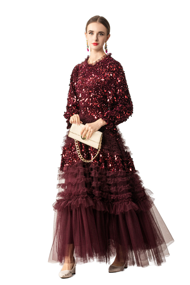Burgundy Sequin Ruffled Tulle Tiered Maxi Evening Dress SP10016