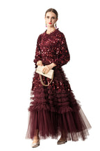 Burgundy Sequin Ruffled Tulle Tiered Maxi Evening Dress SP10016
