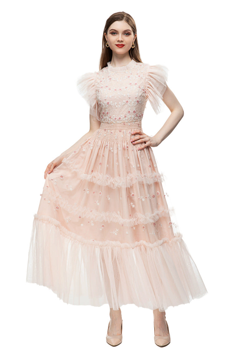 Pink Floral Embroidered Tulle Ruffled Sleeve Midi Dress – French Luxury SP10004