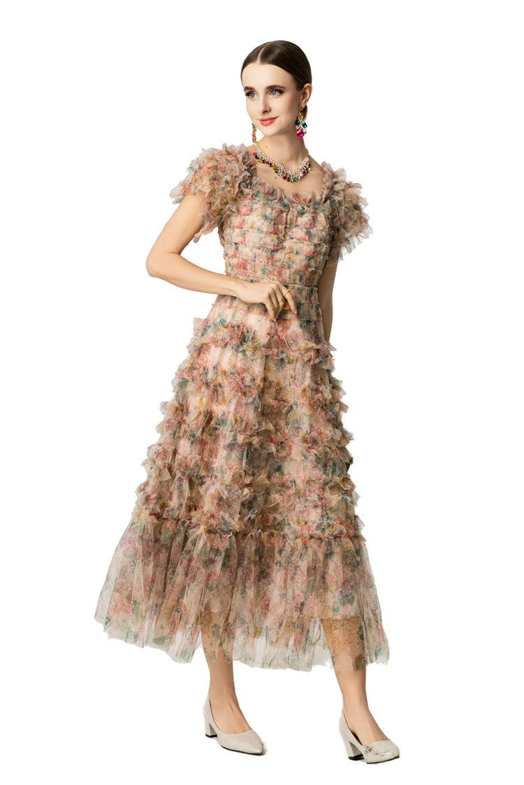Floral Print Tiered Ruffle Tulle Midi Dress SP10042