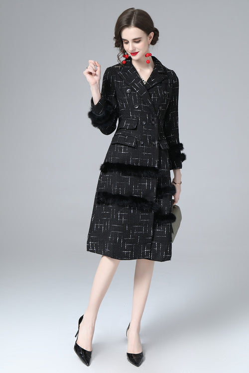 Black Tweed Faux Fur Trim Double Breasted Midi Coat – Luxury Winter Overcoat SP10034