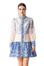 Blue White Porcelain Print Lace Cutout Shirt Dress with Belt SP10065