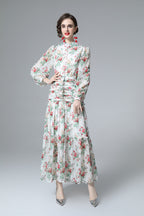 Floral Print Ruched Waist Tiered Chiffon Maxi Dress SP10032